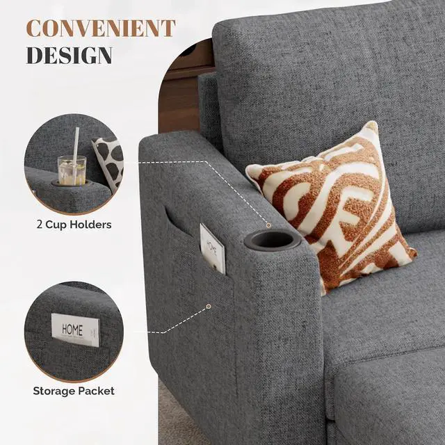 Alt view image 6 of 7 - Upholstered Sectional Sofa and Couches, 78'' L Shaped 3-seat Sofa forLiving Room, Apartment,Lounge,Bedroom-Washable Covers Convertible Sofas(Linen Fabric,Dark Gary)