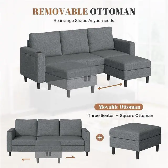 Alt view image 7 of 7 - Upholstered Sectional Sofa and Couches, 78'' L Shaped 3-seat Sofa forLiving Room, Apartment,Lounge,Bedroom-Washable Covers Convertible Sofas(Linen Fabric,Dark Gary)