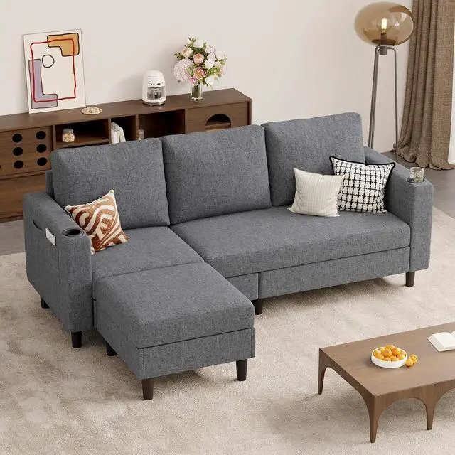 Main image of Upholstered Sectional Sofa and Couches, 78'' L Shaped 3-seat Sofa forLiving Room, Apartment,Lounge,Bedroom-Washable Covers Convertible Sofas(Linen Fabric,Dark Gary)