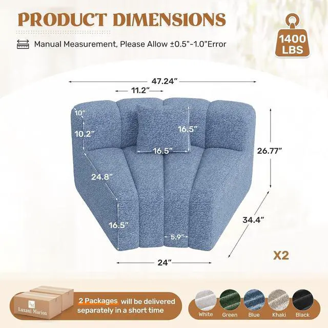 Alt view image 2 of 7 - 2PCS 1/8 Round Modular Sectional Sofa, 2 Seater Modern Curved Cloud Couch Modules, Convertible Boneless Couches for Living Room, No Assembly Required, Light Blue