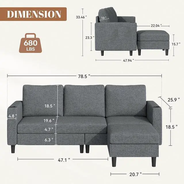 Alt view image 2 of 7 - Upholstered Sectional Sofa and Couches, 78'' L Shaped 3-seat Sofa forLiving Room, Apartment,Lounge,Bedroom-Washable Covers Convertible Sofas(Linen Fabric,Dark Gary)