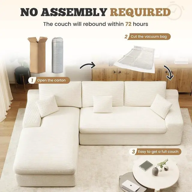 Alt view image 7 of 7 - 111" Modular Sectional Sofa for Living Room, Convertible L-Shape Couch with Ottoman,Cloud Boneless Couch with Layered Cushion,Beige Corduroy