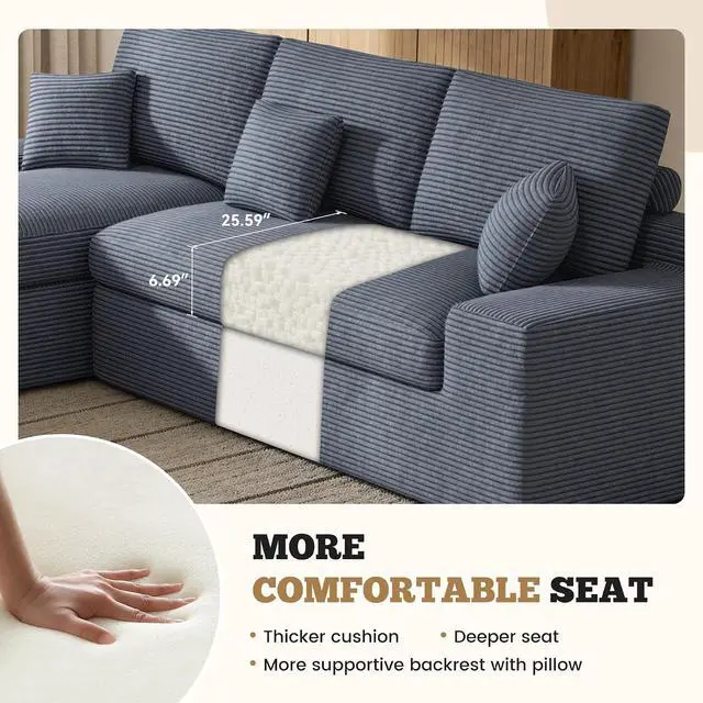 Alt view image 5 of 7 - 111" Modular Sectional Sofa for Living Room, Convertible L-Shape Couch with Ottoman,Cloud Boneless Couch with Layered Cushion,Gary Corduroy