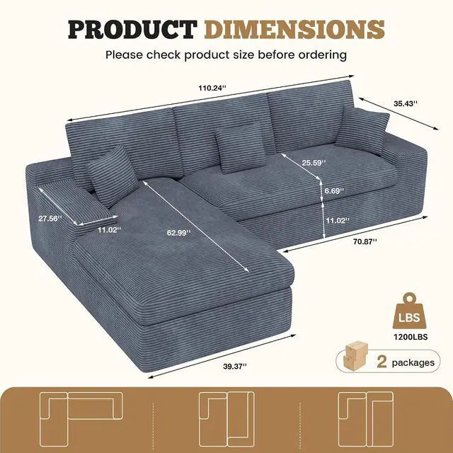 Alt view image 2 of 7 - 111" Modular Sectional Sofa for Living Room, Convertible L-Shape Couch with Ottoman,Cloud Boneless Couch with Layered Cushion,Gary Corduroy