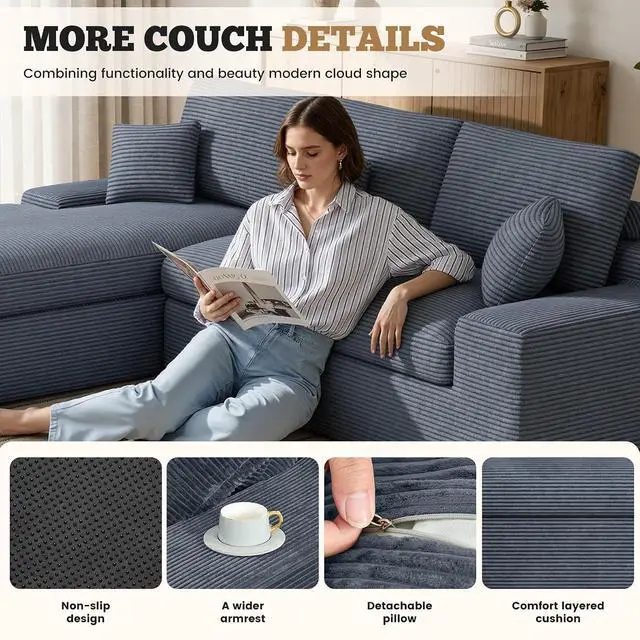Alt view image 3 of 7 - 111" Modular Sectional Sofa for Living Room, Convertible L-Shape Couch with Ottoman,Cloud Boneless Couch with Layered Cushion,Gary Corduroy