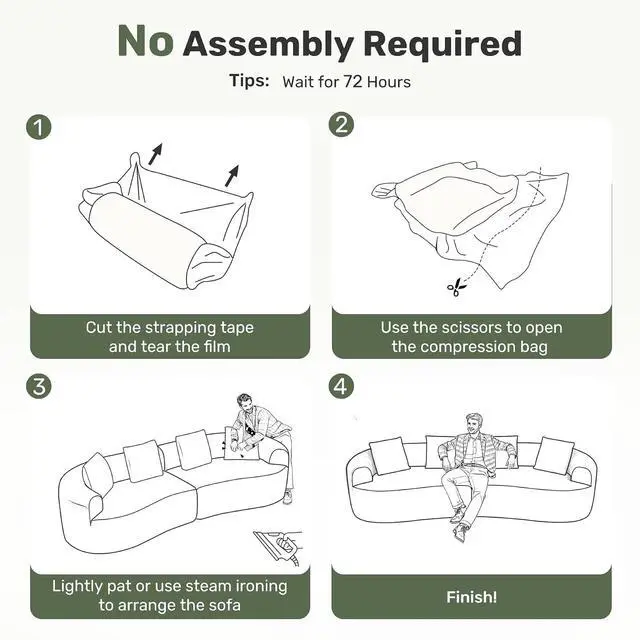 Alt view image 5 of 7 - Oversized 4-Seater Curved Sectional Sofa with Extra Deep Seats, Modern Cloud Couch with Boneless Couchs, Plush Chenille Upholstery, No Assembly Required,Green