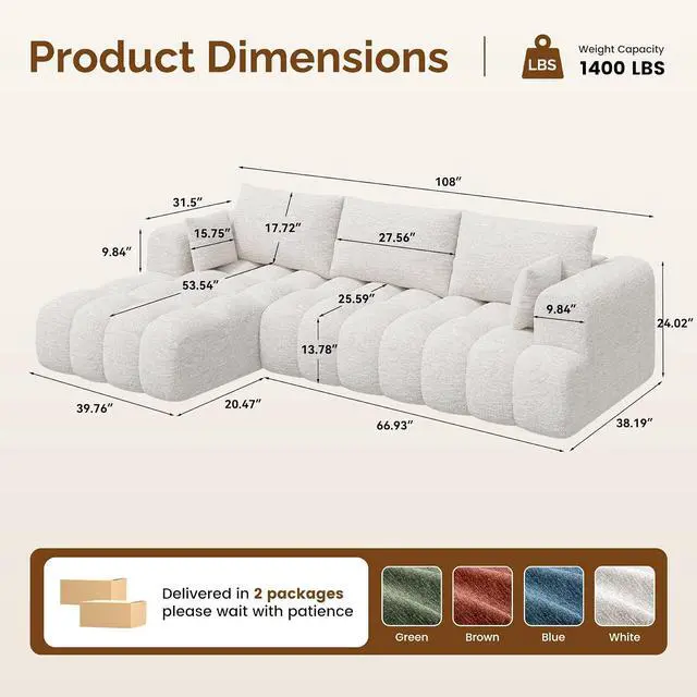 Alt view image 2 of 7 - 108 Boneless Couch, Cloud Couch with L-Shape Chaise, Modular Sectional Sofa with Oversized Deep Seat,Couch for Living Room Bedroom,No Assembly Required,White
