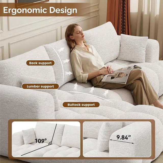 Alt view image 5 of 7 - 108 Boneless Couch, Cloud Couch with L-Shape Chaise, Modular Sectional Sofa with Oversized Deep Seat,Couch for Living Room Bedroom,No Assembly Required,White
