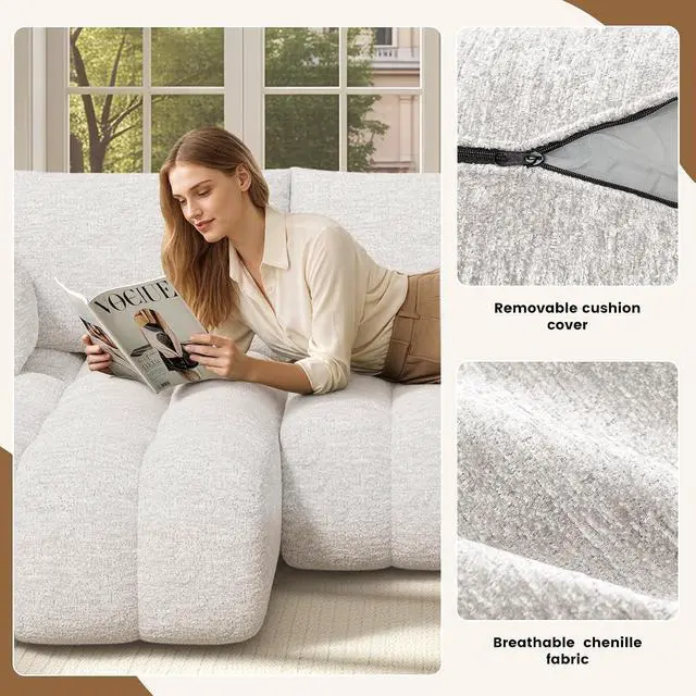 Alt view image 6 of 7 - 108 Boneless Couch, Cloud Couch with L-Shape Chaise, Modular Sectional Sofa with Oversized Deep Seat,Couch for Living Room Bedroom,No Assembly Required,White