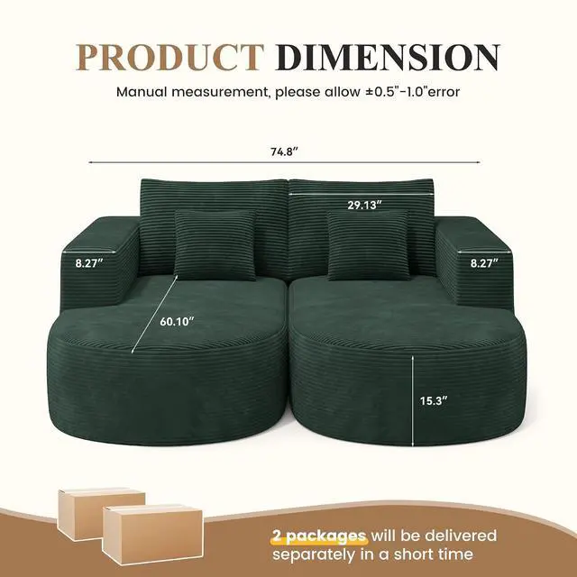 Alt view image 2 of 7 - Modular Sectional Sofa Bed,Convertible Cloud Couches for Living Room,2 Chaise Corduroy Boneless Couch Sleeper Sofa Set,Oversized Chaise Lounge Chair for Bedroom,No Assembly Required,Green 1PCS