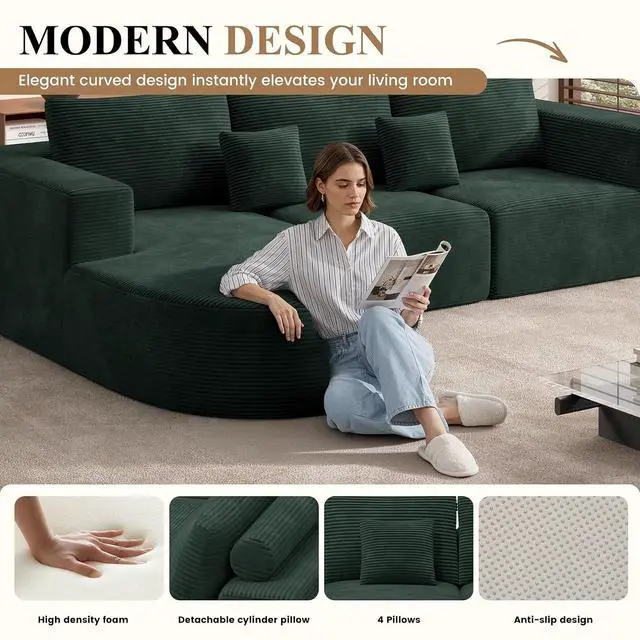 Alt view image 4 of 7 - Modular Sectional Sofa Bed,Convertible Cloud Couches for Living Room,2 Chaise Corduroy Boneless Couch Sleeper Sofa Set,Oversized Chaise Lounge Chair for Bedroom,No Assembly Required,Green 1PCS