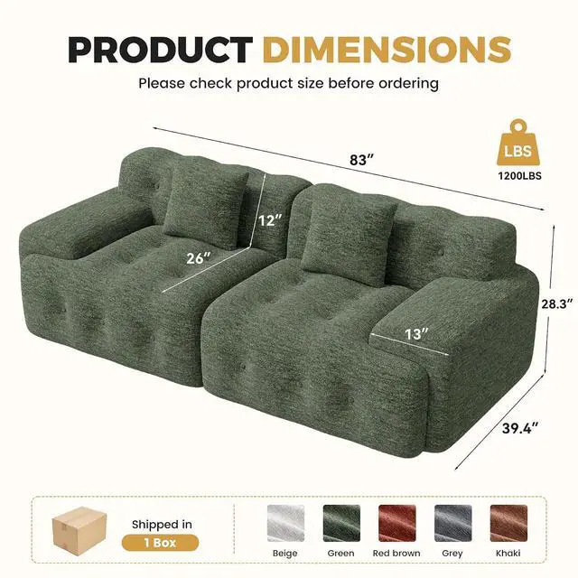 Alt view image 2 of 7 - 83" Boneless Loveseat Sofa in a Box, Modern Small Couch No Assembly Required, Comfy Deep Seat Cloud Couches for Living Room, Bedroom, Apartment, Green 1 PCS