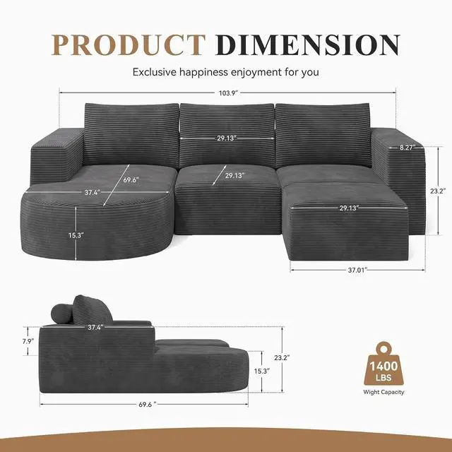 Alt view image 2 of 7 - Boneless Couches for Living Room with Chaise,104" Modular Sectional Sofa with Convertible Ottoman,Cozy Cloud Couch with U-Shaped,Sponge Compression Sofas in a Box,No Assembly Required(Gray) 1pcs