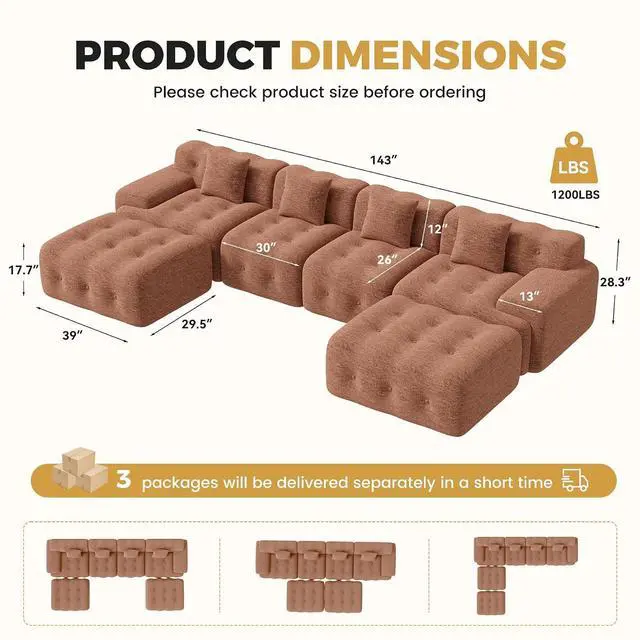 Alt view image 2 of 7 - 143" Modern Boneless Couches for Living Room, U Shaped Cloud Couch Sectional, Chenille Convertible Modular Sofa Set, No Assembly Required, Khaki 1 PCS