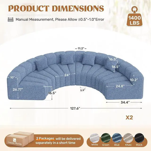 Alt view image 2 of 7 - Oversized Curved Cloud Couch, 8 Seater Modern Round Modular Sectional Sofa, Convertible Boneless Couches for Living Room, No Assembly Required, Light Blue 1 PCS