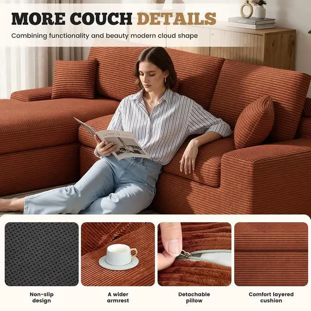 Alt view image 3 of 7 - 111" Modular Sectional Sofa for Living Room, Convertible L-Shape Couch with Ottoman,Cloud Boneless Couch with Layered Cushion,Reddish Brown Corduroy