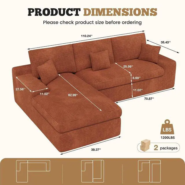 Alt view image 2 of 7 - 111" Modular Sectional Sofa for Living Room, Convertible L-Shape Couch with Ottoman,Cloud Boneless Couch with Layered Cushion,Reddish Brown Corduroy