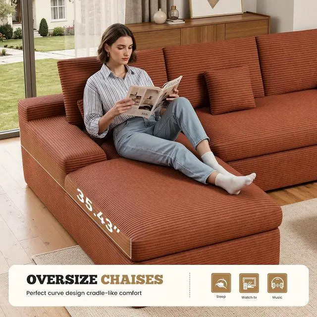 Alt view image 4 of 7 - 111" Modular Sectional Sofa for Living Room, Convertible L-Shape Couch with Ottoman,Cloud Boneless Couch with Layered Cushion,Reddish Brown Corduroy