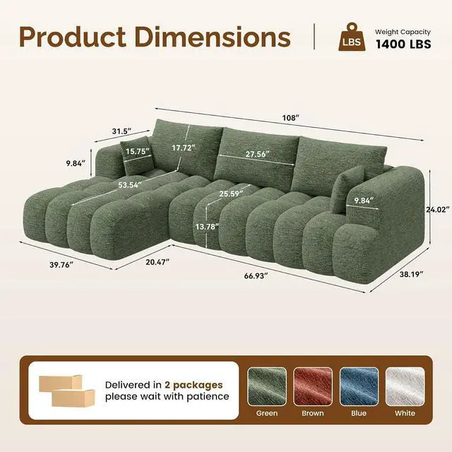 Alt view image 2 of 7 - 108 Boneless Couch, Cloud Couch with L-Shape Chaise, Modular Sectional Sofa with Oversized Deep Seat,Couch for Living Room Bedroom,No Assembly Required,Green