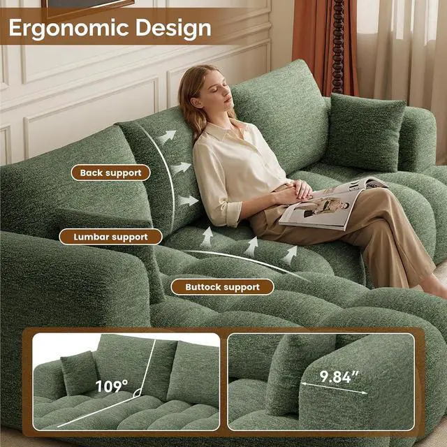 Alt view image 3 of 7 - 108 Boneless Couch, Cloud Couch with L-Shape Chaise, Modular Sectional Sofa with Oversized Deep Seat,Couch for Living Room Bedroom,No Assembly Required,Green