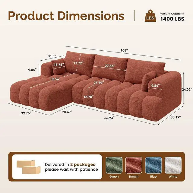 Alt view image 2 of 7 - 108 Boneless Couch, Cloud Couch with L-Shape Chaise, Modular Sectional Sofa with Oversized Deep Seat,Couch for Living Room Bedroom,No Assembly Required,Bown