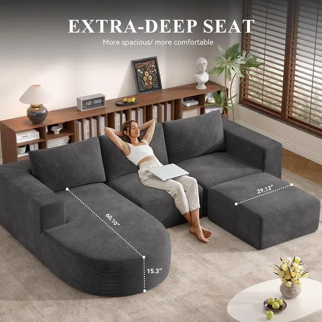 Alt view image 3 of 7 - Boneless Couches for Living Room with Chaise,104" Modular Sectional Sofa with Convertible Ottoman,Cozy Cloud Couch with U-Shaped,Sponge Compression Sofas in a Box,No Assembly Required(Gray) 1pcs