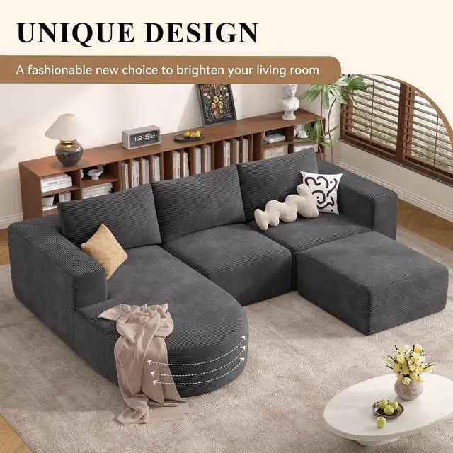 Alt view image 5 of 7 - Boneless Couches for Living Room with Chaise,104" Modular Sectional Sofa with Convertible Ottoman,Cozy Cloud Couch with U-Shaped,Sponge Compression Sofas in a Box,No Assembly Required(Gray) 1pcs