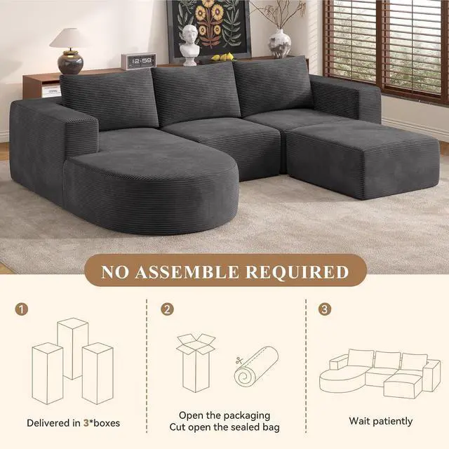 Alt view image 7 of 7 - Boneless Couches for Living Room with Chaise,104" Modular Sectional Sofa with Convertible Ottoman,Cozy Cloud Couch with U-Shaped,Sponge Compression Sofas in a Box,No Assembly Required(Gray) 1pcs