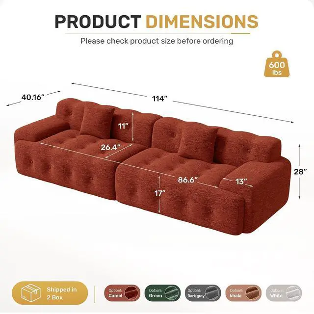 Alt view image 2 of 7 - 113" Modern Boneless Couches for Living Room, Oversized 3 Seater Cloud Couch, Chenille Modular Sectional Sofa, No Assembly Required, Red Brown 1 PCS