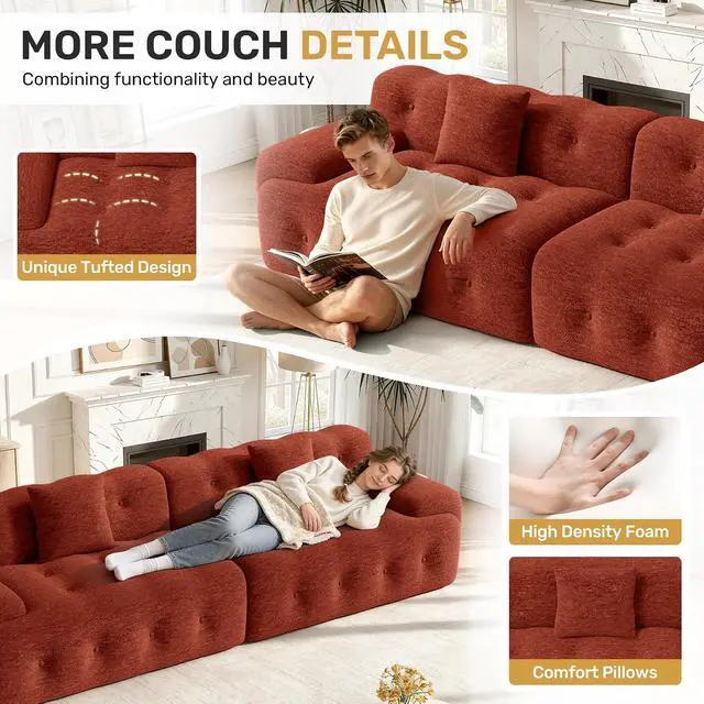 Alt view image 6 of 7 - 113" Modern Boneless Couches for Living Room, Oversized 3 Seater Cloud Couch, Chenille Modular Sectional Sofa, No Assembly Required, Red Brown 1 PCS