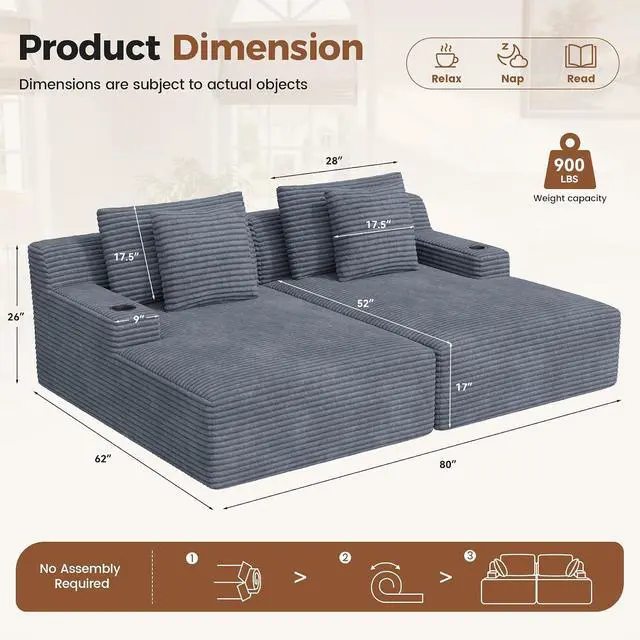 Alt view image 2 of 7 - 80'' Double Chaise Lounge Chair Indoor, Non-Assembly Deep Seat Sofa with Cup Holders Boneless Bed with 4pcs Pillows for Living Room Bedroom, Grey-Corduroy