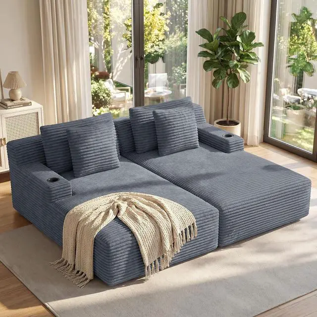 Main image of 80'' Double Chaise Lounge Chair Indoor, Non-Assembly Deep Seat Sofa with Cup Holders Boneless Bed with 4pcs Pillows for Living Room Bedroom, Grey-Corduroy