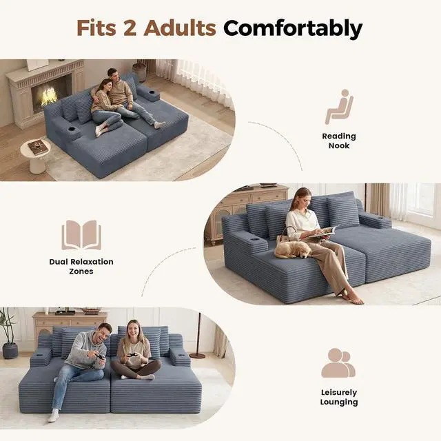 Alt view image 3 of 7 - 80'' Double Chaise Lounge Chair Indoor, Non-Assembly Deep Seat Sofa with Cup Holders Boneless Bed with 4pcs Pillows for Living Room Bedroom, Grey-Corduroy