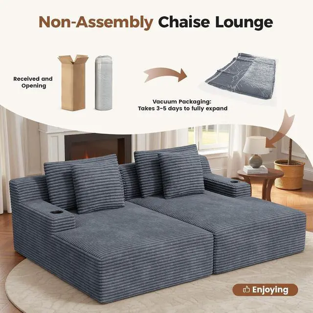 Alt view image 4 of 7 - 80'' Double Chaise Lounge Chair Indoor, Non-Assembly Deep Seat Sofa with Cup Holders Boneless Bed with 4pcs Pillows for Living Room Bedroom, Grey-Corduroy