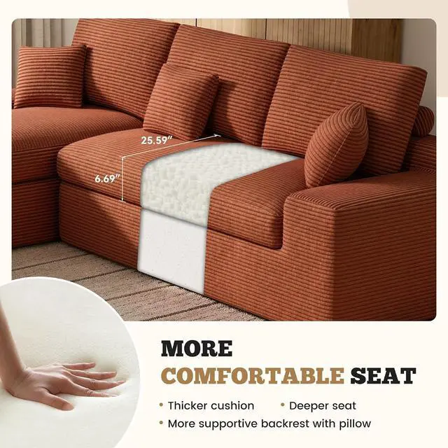 Alt view image 5 of 7 - 111" Modular Sectional Sofa for Living Room, Convertible L-Shape Couch with Ottoman,Cloud Boneless Couch with Layered Cushion,Reddish Brown Corduroy