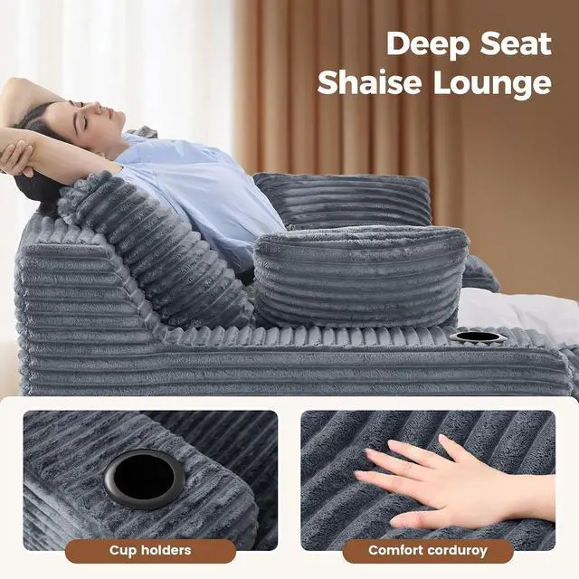 Alt view image 7 of 7 - 80'' Double Chaise Lounge Chair Indoor, Non-Assembly Deep Seat Sofa with Cup Holders Boneless Bed with 4pcs Pillows for Living Room Bedroom, Grey-Corduroy