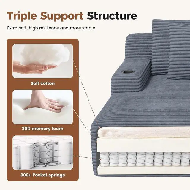 Alt view image 5 of 7 - 80'' Double Chaise Lounge Chair Indoor, Non-Assembly Deep Seat Sofa with Cup Holders Boneless Bed with 4pcs Pillows for Living Room Bedroom, Grey-Corduroy