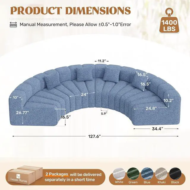Alt view image 2 of 7 - 128" Oversized Curved Cloud Couch, Modern Compressed Modular Sectional Sofa, 4 Seater Boneless Couches for Living Room, No Assembly Required, Light Blue 1 PCS
