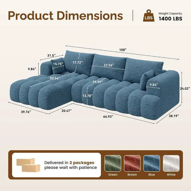 Alt view image 2 of 7 - 108 Boneless Couch, Cloud Couch with L-Shape Chaise, Modular Sectional Sofa with Oversized Deep Seat,Couch for Living Room Bedroom,No Assembly Required,Blue