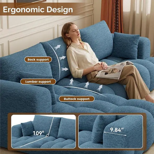 Alt view image 3 of 7 - 108 Boneless Couch, Cloud Couch with L-Shape Chaise, Modular Sectional Sofa with Oversized Deep Seat,Couch for Living Room Bedroom,No Assembly Required,Blue