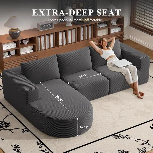 Alt view image 4 of 6 - L-Shaped Boneless Couch,104" Couches for Living Room with Curved Chaise,Modular Sectional Sofa with Deep Seat,Modern Cozy Cloud Compression Sofas,No Assembly Required(Gray) 1PCS
