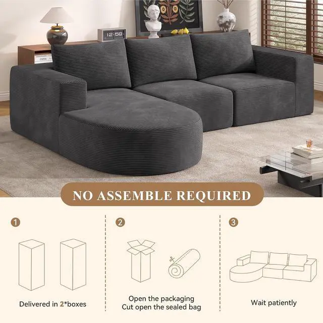 Alt view image 6 of 6 - L-Shaped Boneless Couch,104" Couches for Living Room with Curved Chaise,Modular Sectional Sofa with Deep Seat,Modern Cozy Cloud Compression Sofas,No Assembly Required(Gray) 1PCS