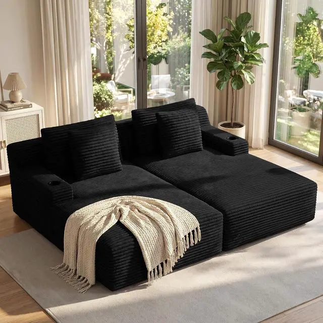 Main image of 80'' Double Chaise Lounge Chair Indoor, Non-Assembly Deep Seat Sofa with Cup Holders Boneless Bed with 4pcs Pillows for Living Room Bedroom, Black- Corduroy