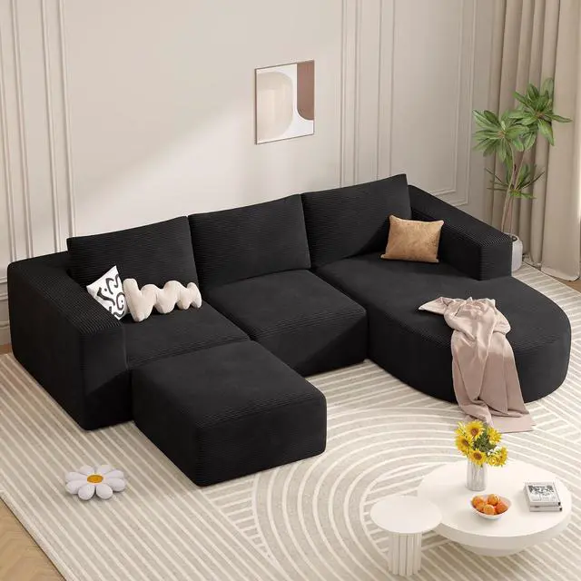 Main image of Boneless Couches for Living Room with Chaise,104" Modular Sectional Sofa with Convertible Ottoman,Cozy Cloud Couch with U-Shaped,Sponge Compression Sofas in a Box,No Assembly Required(Black) 1pcs