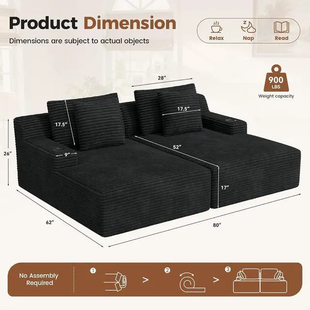 Alt view image 2 of 7 - 80'' Double Chaise Lounge Chair Indoor, Non-Assembly Deep Seat Sofa with Cup Holders Boneless Bed with 4pcs Pillows for Living Room Bedroom, Black- Corduroy