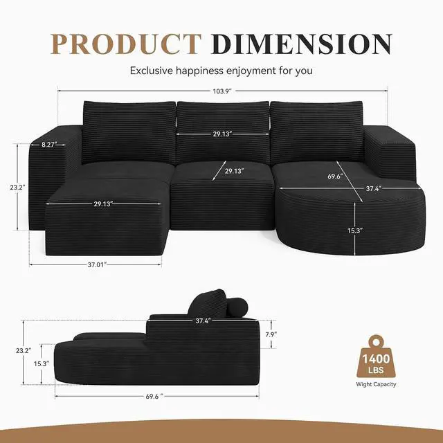 Alt view image 2 of 7 - Boneless Couches for Living Room with Chaise,104" Modular Sectional Sofa with Convertible Ottoman,Cozy Cloud Couch with U-Shaped,Sponge Compression Sofas in a Box,No Assembly Required(Black) 1pcs