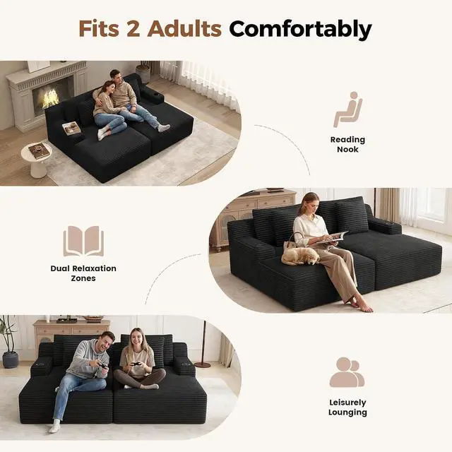 Alt view image 3 of 7 - 80'' Double Chaise Lounge Chair Indoor, Non-Assembly Deep Seat Sofa with Cup Holders Boneless Bed with 4pcs Pillows for Living Room Bedroom, Black- Corduroy