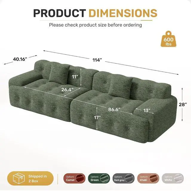Alt view image 2 of 7 - 113" Modern Boneless Couches for Living Room, Oversized 3 Seater Cloud Couch, Chenille Modular Sectional Sofa, No Assembly Required, Green 1 PCS