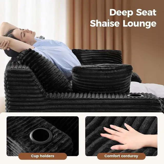 Alt view image 4 of 7 - 80'' Double Chaise Lounge Chair Indoor, Non-Assembly Deep Seat Sofa with Cup Holders Boneless Bed with 4pcs Pillows for Living Room Bedroom, Black- Corduroy