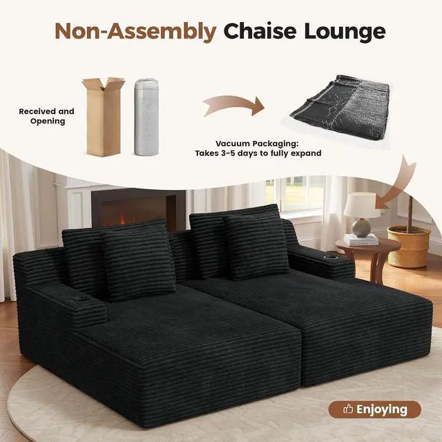 Alt view image 5 of 7 - 80'' Double Chaise Lounge Chair Indoor, Non-Assembly Deep Seat Sofa with Cup Holders Boneless Bed with 4pcs Pillows for Living Room Bedroom, Black- Corduroy